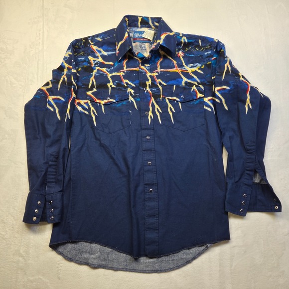 Wrangler Other - VTG Wrangler Pearl Snap Shirt Mens Sz Med Lightning Print Blue Western Cowboy